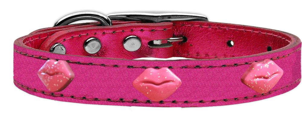 Pink Glitter Lips Widget Genuine Metallic Leather Dog Collar Pink 10