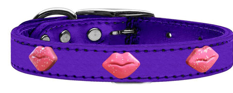 Pink Glitter Lips Widget Genuine Metallic Leather Dog Collar Purple 10