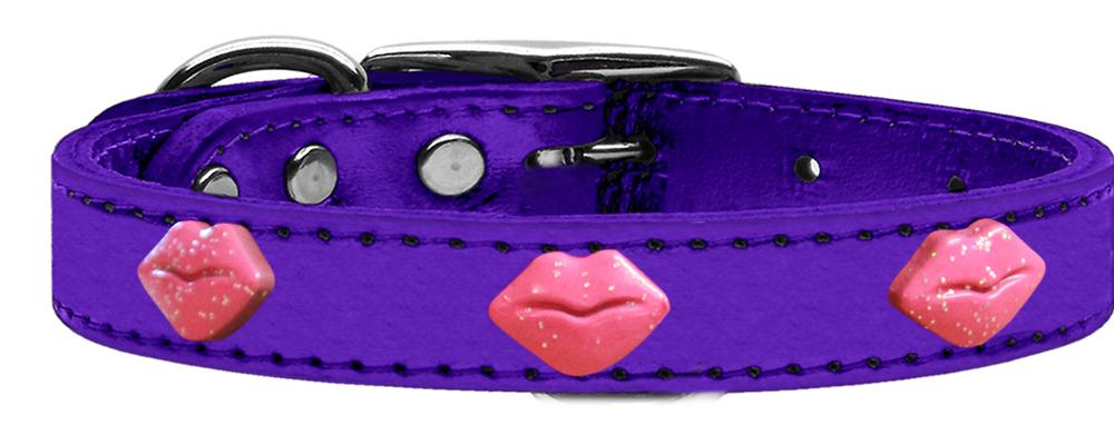 Pink Glitter Lips Widget Genuine Metallic Leather Dog Collar Purple 14