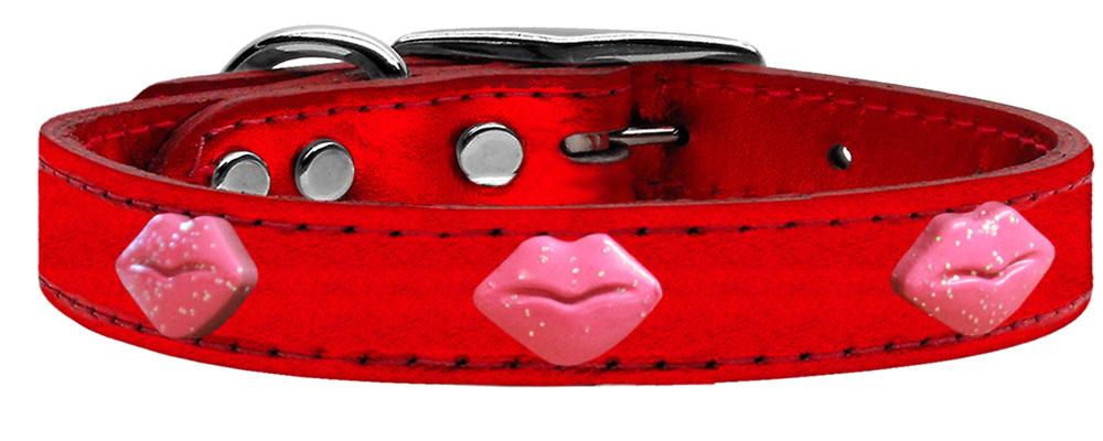 Pink Glitter Lips Widget Genuine Metallic Leather Dog Collar Red 10