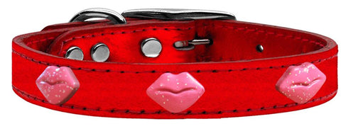 Pink Glitter Lips Widget Genuine Metallic Leather Dog Collar Red 12