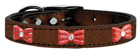 Red Glitter Bow Widget Genuine Metallic Leather Dog Collar Bronze 10