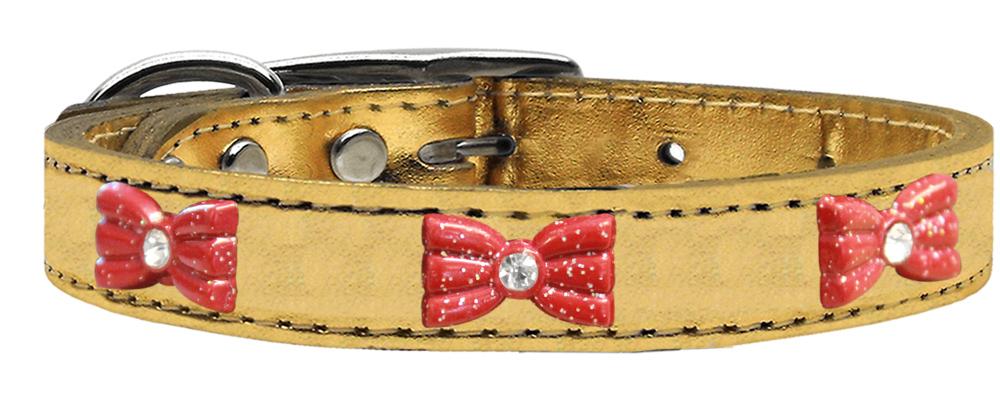 Red Glitter Bow Widget Genuine Metallic Leather Dog Collar Gold 10