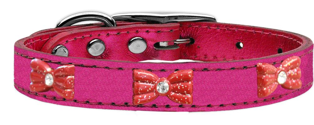 Red Glitter Bow Widget Genuine Metallic Leather Dog Collar Pink 10