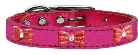 Red Glitter Bow Widget Genuine Metallic Leather Dog Collar Pink 16