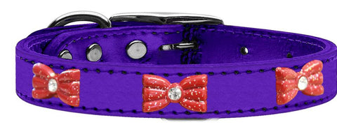 Red Glitter Bow Widget Genuine Metallic Leather Dog Collar Purple 10