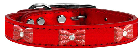 Red Glitter Bow Widget Genuine Metallic Leather Dog Collar Red 10