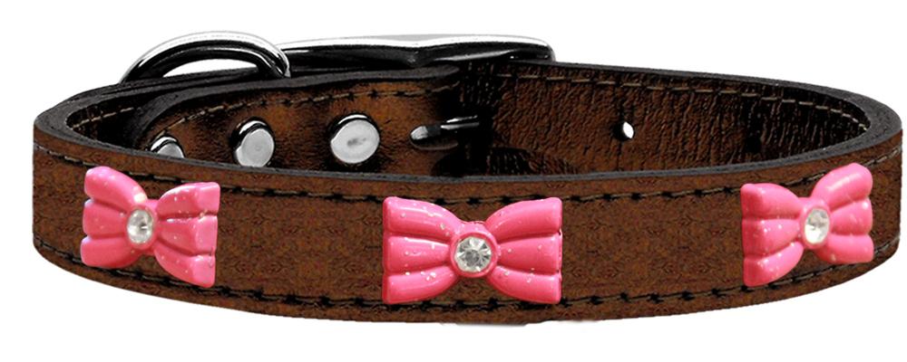 Pink Glitter Bow Widget Genuine Metallic Leather Dog Collar Bronze 10