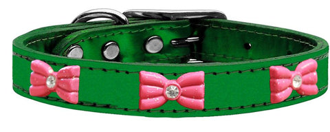 Pink Glitter Bow Widget Genuine Metallic Leather Dog Collar Emerald Green 12