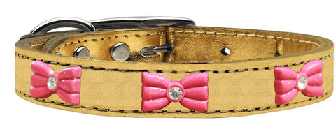 Pink Glitter Bow Widget Genuine Metallic Leather Dog Collar Gold 10