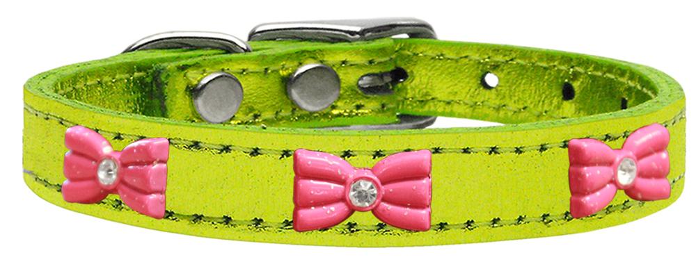 Pink Glitter Bow Widget Genuine Metallic Leather Dog Collar Lime Green 10