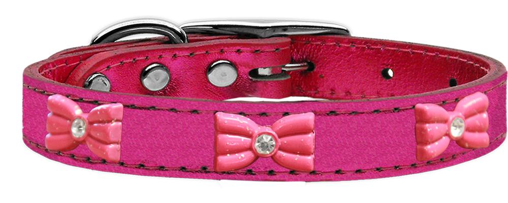 Pink Glitter Bow Widget Genuine Metallic Leather Dog Collar Pink 10