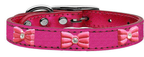 Pink Glitter Bow Widget Genuine Metallic Leather Dog Collar Pink 12