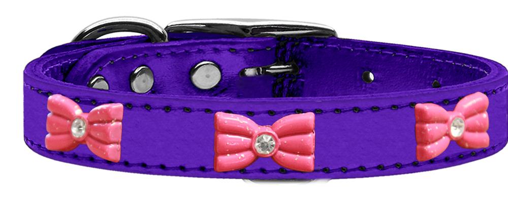 Pink Glitter Bow Widget Genuine Metallic Leather Dog Collar Purple 10