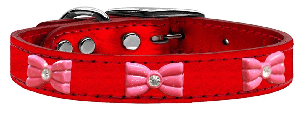 Pink Glitter Bow Widget Genuine Metallic Leather Dog Collar Red 10