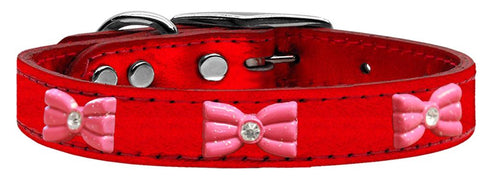 Pink Glitter Bow Widget Genuine Metallic Leather Dog Collar Red 18