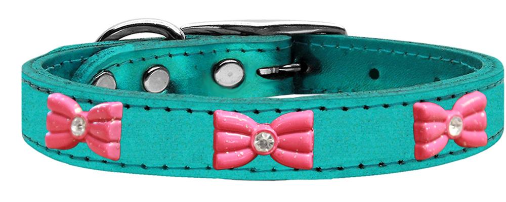 Pink Glitter Bow Widget Genuine Metallic Leather Dog Collar Turquoise 10