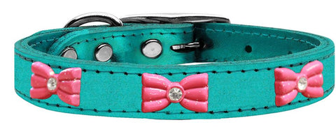 Pink Glitter Bow Widget Genuine Metallic Leather Dog Collar Turquoise 10