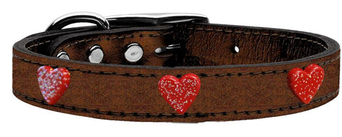 Red Glitter Heart Widget Genuine Metallic Leather Dog Collar Bronze 10