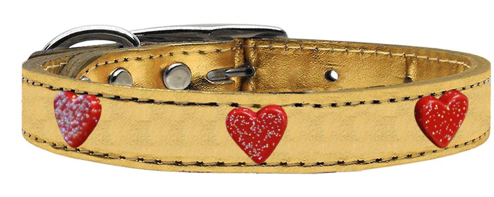 Red Glitter Heart Widget Genuine Metallic Leather Dog Collar Gold 10