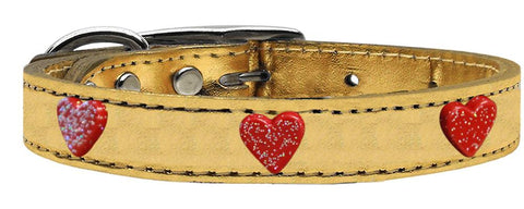 Red Glitter Heart Widget Genuine Metallic Leather Dog Collar Gold 18