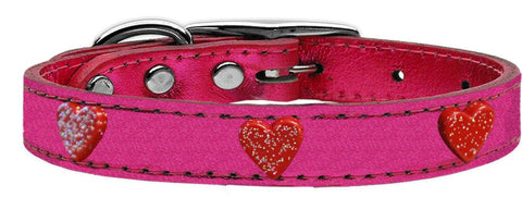 Red Glitter Heart Widget Genuine Metallic Leather Dog Collar Pink 10