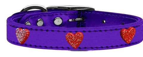 Red Glitter Heart Widget Genuine Metallic Leather Dog Collar Purple 10