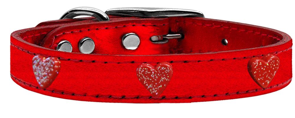 Red Glitter Heart Widget Genuine Metallic Leather Dog Collar Red 10