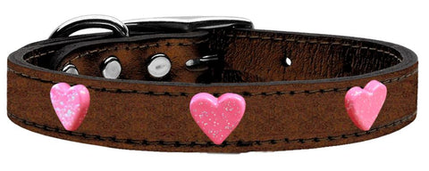 Pink Glitter Heart Widget Genuine Metallic Leather Dog Collar Bronze 10