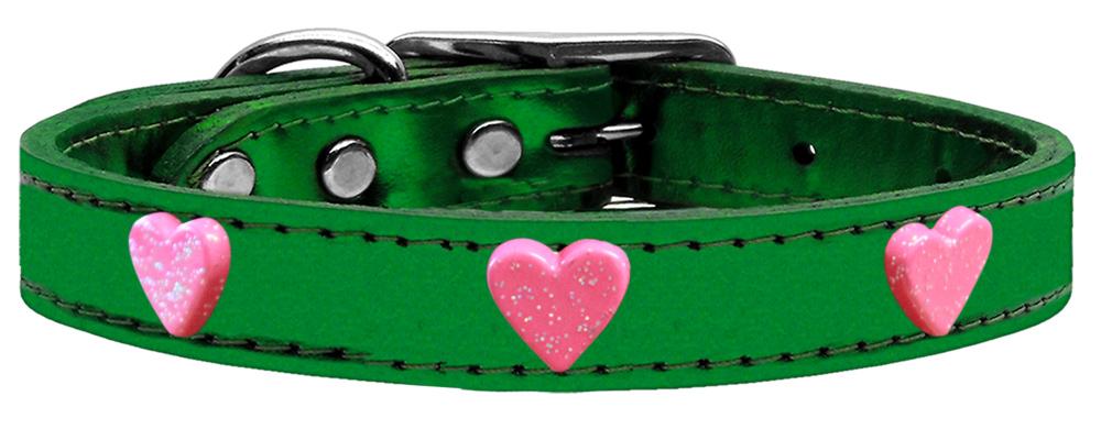 Pink Glitter Heart Widget Genuine Metallic Leather Dog Collar Emerald Green 12