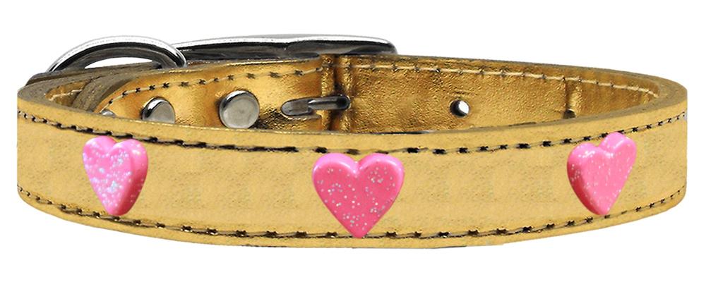 Pink Glitter Heart Widget Genuine Metallic Leather Dog Collar Gold 10