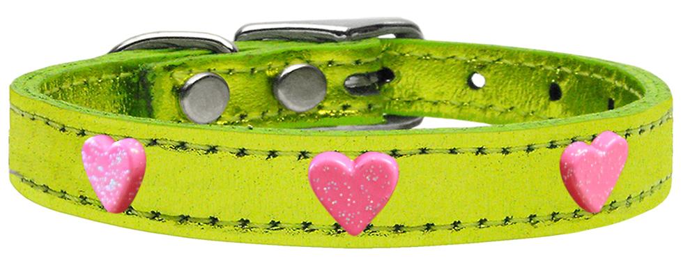 Pink Glitter Heart Widget Genuine Metallic Leather Dog Collar Lime Green 10