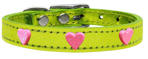 Pink Glitter Heart Widget Genuine Metallic Leather Dog Collar Lime Green 14