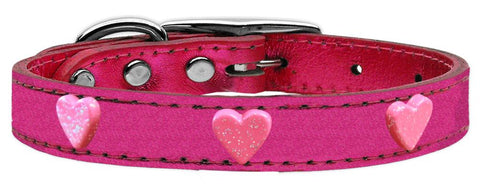 Pink Glitter Heart Widget Genuine Metallic Leather Dog Collar Pink 10