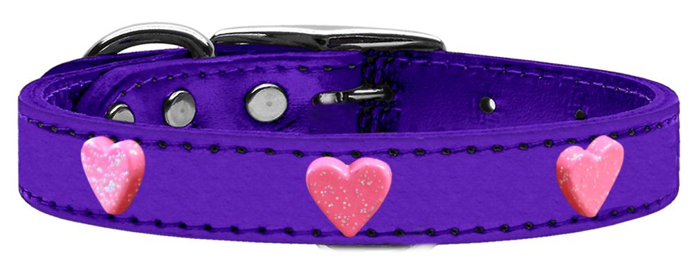 Pink Glitter Heart Widget Genuine Metallic Leather Dog Collar Purple 10