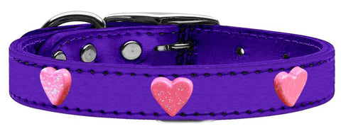 Pink Glitter Heart Widget Genuine Metallic Leather Dog Collar Purple 12