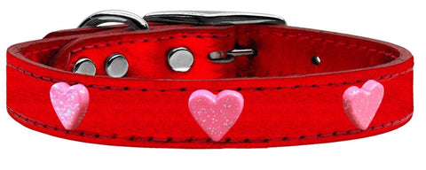 Pink Glitter Heart Widget Genuine Metallic Leather Dog Collar Red 10