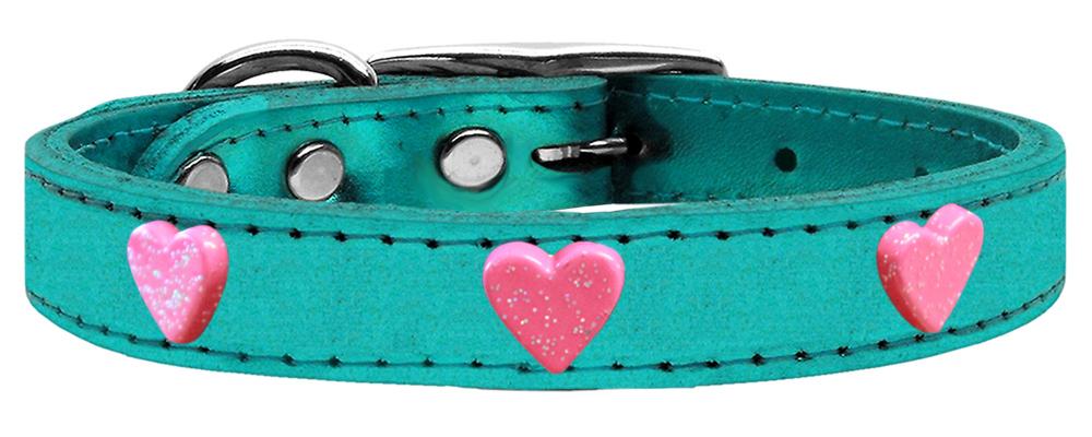 Pink Glitter Heart Widget Genuine Metallic Leather Dog Collar Turquoise 10