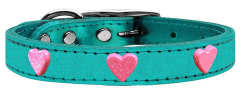 Pink Glitter Heart Widget Genuine Metallic Leather Dog Collar Turquoise 18