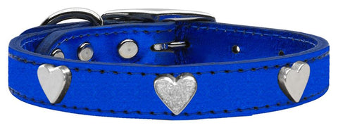 Silver Heart Widget Genuine Metallic Leather Dog Collar Blue 10