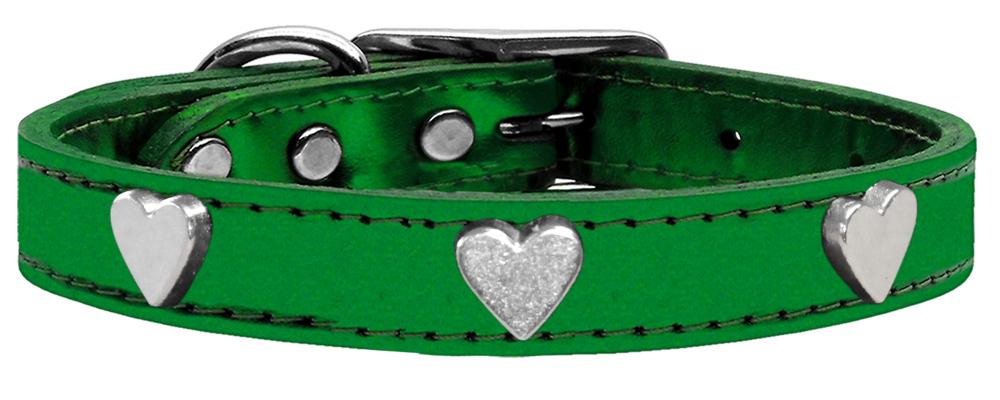 Silver Heart Widget Genuine Metallic Leather Dog Collar Emerald Green 10