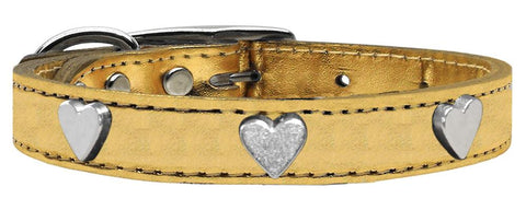 Silver Heart Widget Genuine Metallic Leather Dog Collar Gold 10