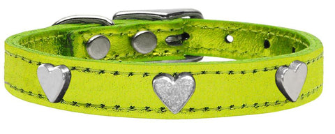 Silver Heart Widget Genuine Metallic Leather Dog Collar Lime Green 10