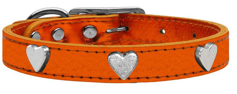 Silver Heart Widget Genuine Metallic Leather Dog Collar Orange 10