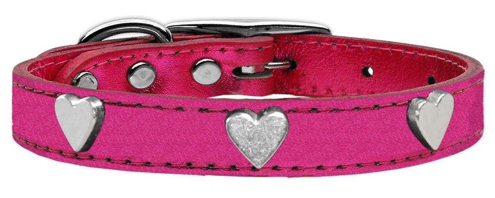 Silver Heart Widget Genuine Metallic Leather Dog Collar Pink 10