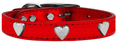 Silver Heart Widget Genuine Metallic Leather Dog Collar Red 10