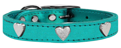 Silver Heart Widget Genuine Metallic Leather Dog Collar Turquoise 10