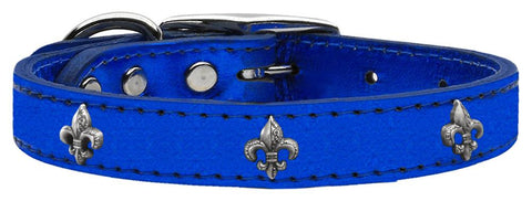 Silver Fleur De Lis Widget Genuine Metallic Leather Dog Collar Blue 10