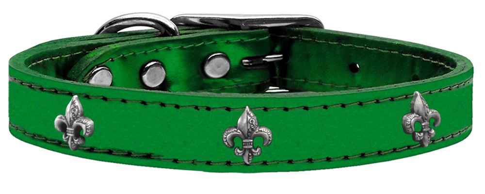 Silver Fleur De Lis Widget Genuine Metallic Leather Dog Collar Emerald Green 10