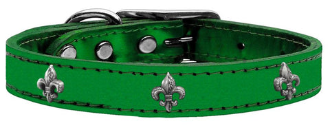 Silver Fleur De Lis Widget Genuine Metallic Leather Dog Collar Emerald Green 10